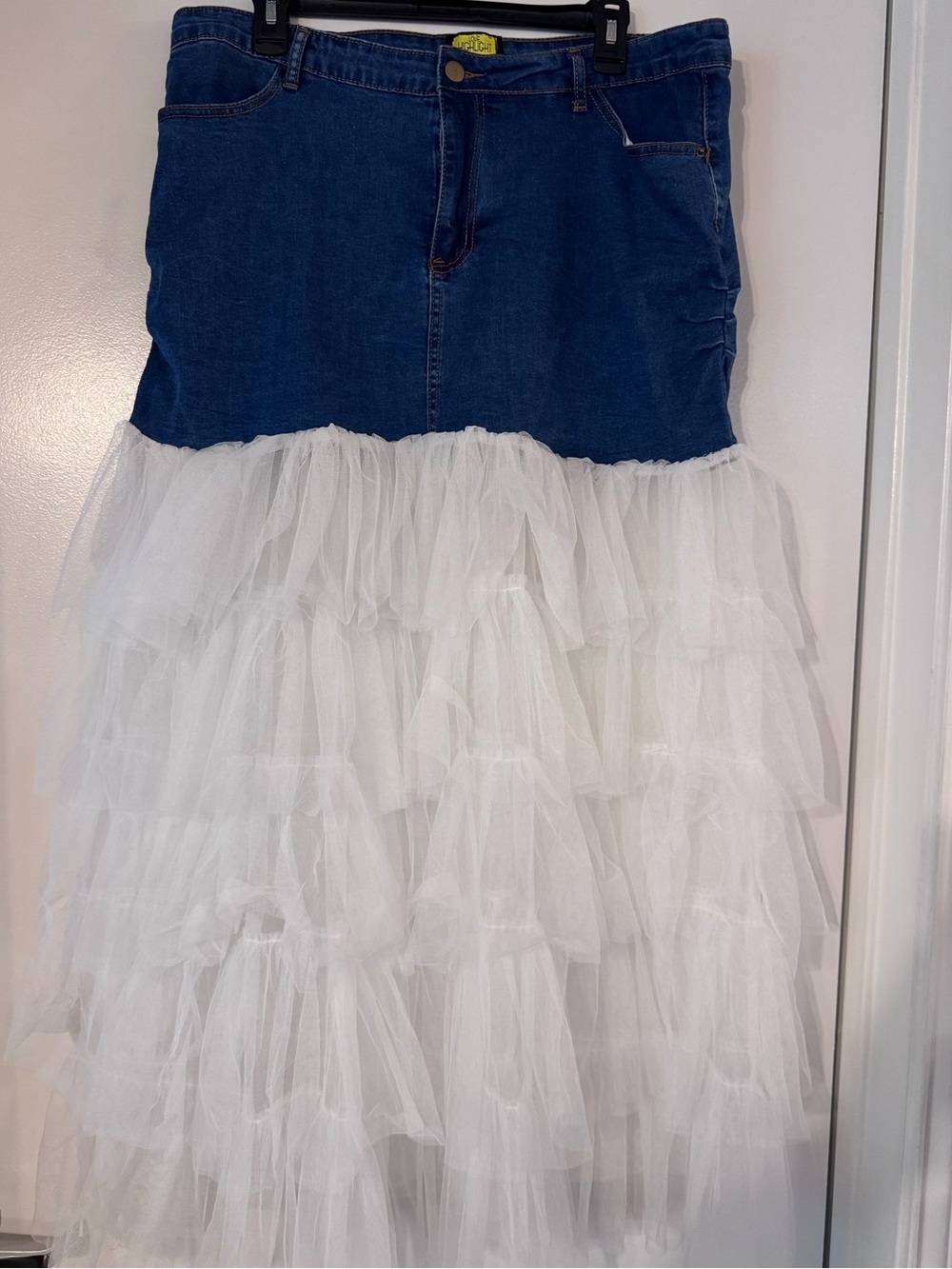 Denim Top White Tiered Tulle Maxi Skirt